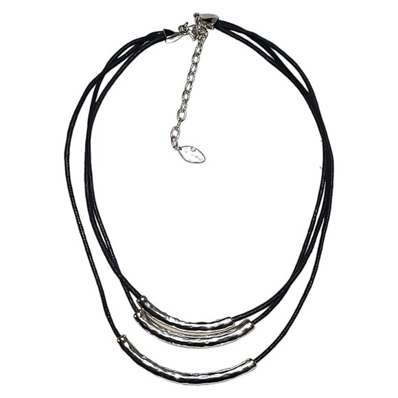 Vintage St Thomas Signed Black Leather Silver Tone Metal Necklace 16"-18" - Picture 1 of 6